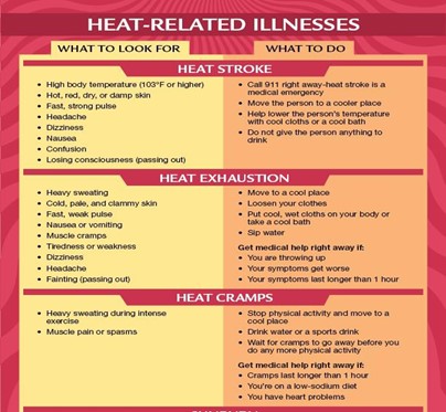 Infographic titled heat-related illnesses: what to look for and what to do, with three sections titled heat stroke, heat exhaustion, and heat cramps.